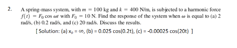 2 A Spring Mass System With M 100 Kg And K 400 N M Is Subjected To A Harmonic Force F T Fo Cos Wt With Fo 10 1