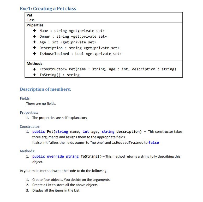 Exe1 Creating A Pet Class Pet Class Priperties Name String Get Private Set Owner String Get Private Set A 1