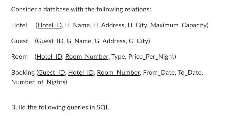 Consider A Database With The Following Relations Hotel Hotel Id H Name H Address H City Maximum Capacity Guest G 1