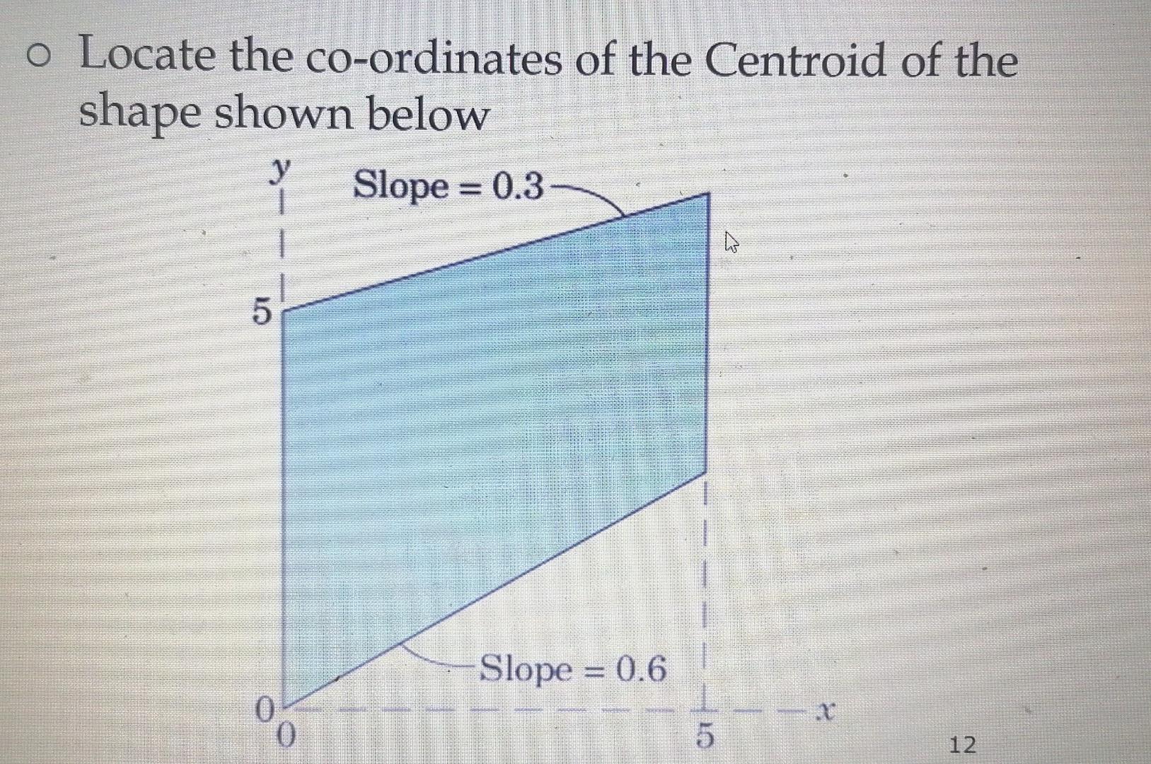 O Locate The Co Ordinates Of The Centroid Of The Shape Shown Below Slope 0 3 Y H 5 0 Slope 0 6 1 5 O 12 1