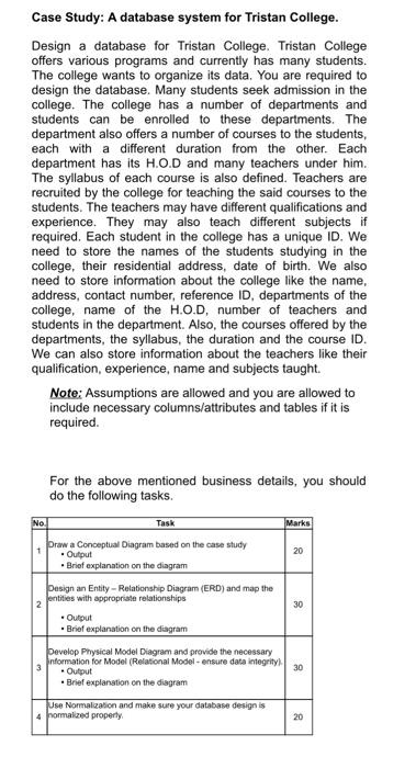 Case Study A Database System For Tristan College Design A Database For Tristan College Tristan College Offers Various 1