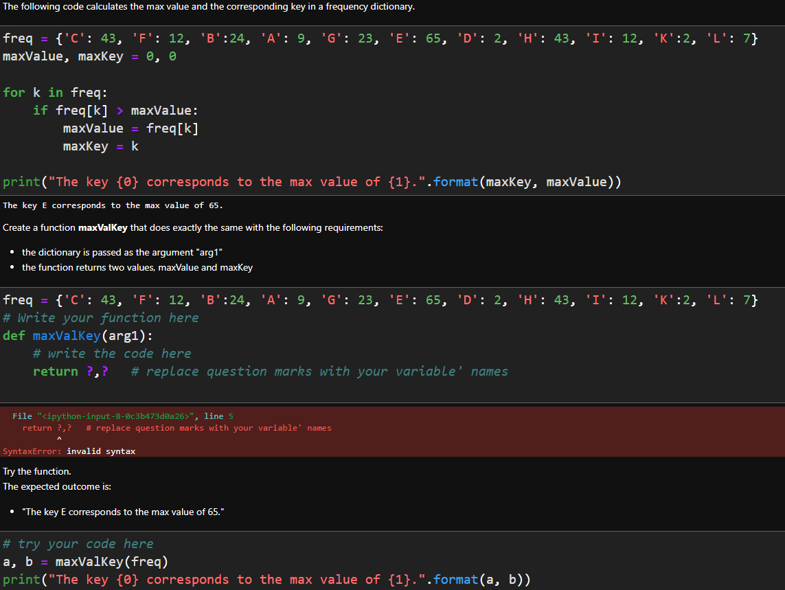 The Following Code Calculates The Max Value And The Corresponding Key In A Frequency Dictionary Freq C 43 F 12 1