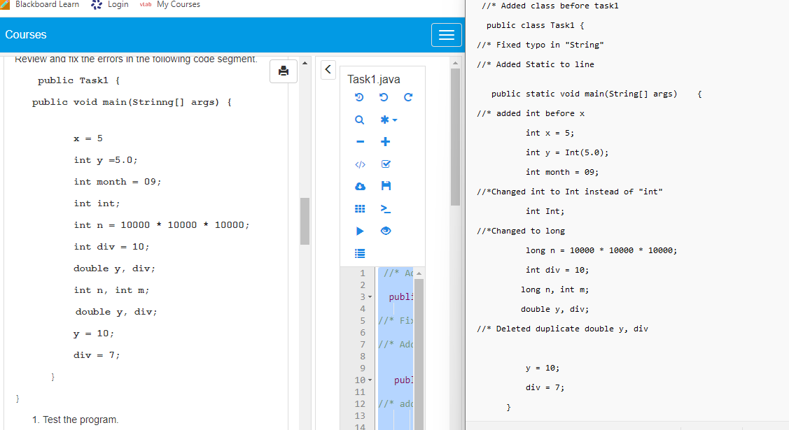 Blackboard Learn Courses Review And Tix The Errors In The Following Code Segment Public Task1 Public Void Main Strinn 1
