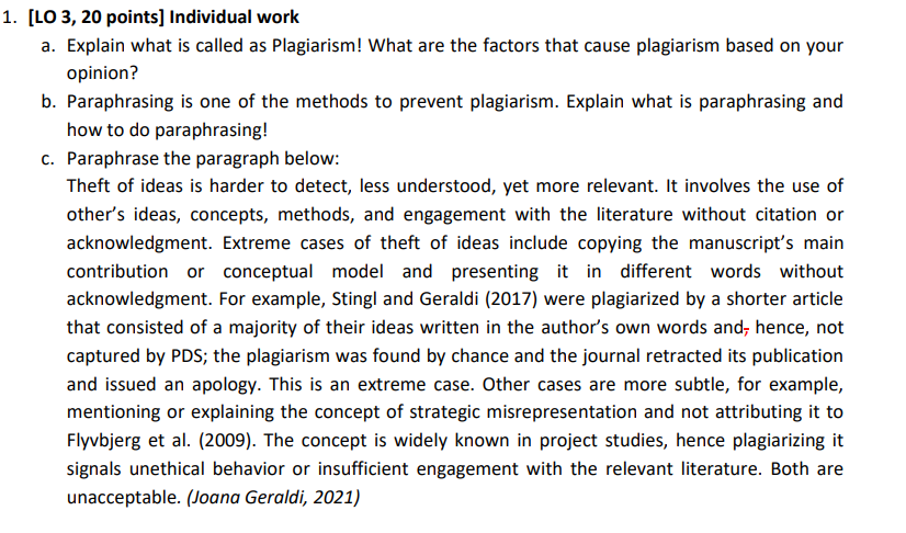 1 Lo 3 20 Points Individual Work A Explain What Is Called As Plagiarism What Are The Factors That Cause Plagiarism 1
