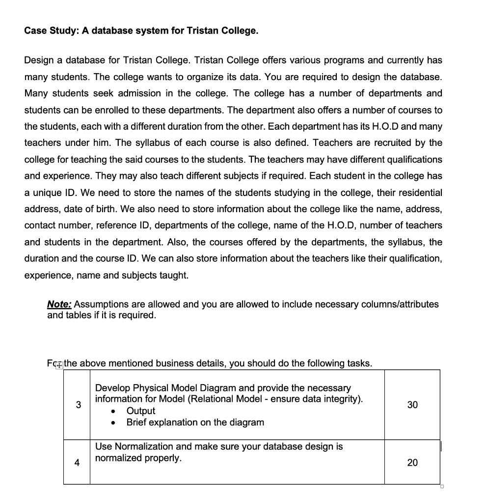 Case Study A Database System For Tristan College Design A Database For Tristan College Tristan College Offers Various 1