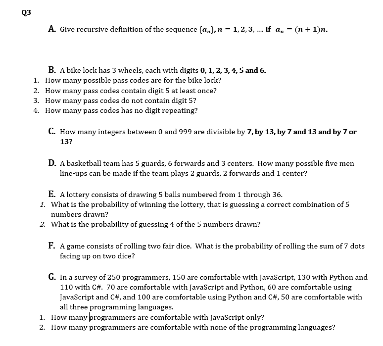 Q3 A Give Recursive Definition Of The Sequence A N 1 2 3 If An N 1 N B A Bike Lock Has 3 Wheels Each 1
