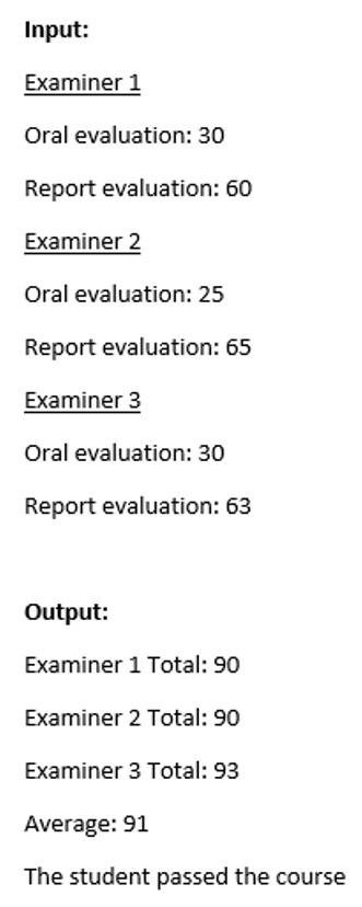 Input Examiner 1 Oral Evaluation 30 Report Evaluation 60 Examiner 2 Oral Evaluation 25 Report Evaluation 65 Examine 1