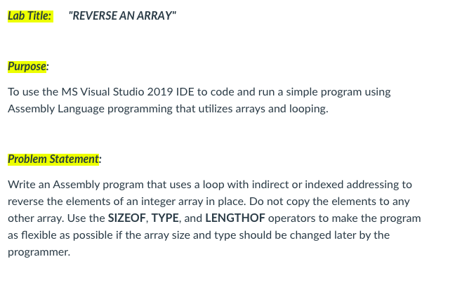 Purpose To Use The Ms Visual Studio 2019 Ide To Code And Run A Simple Program Using Assembly Language Programming That 1