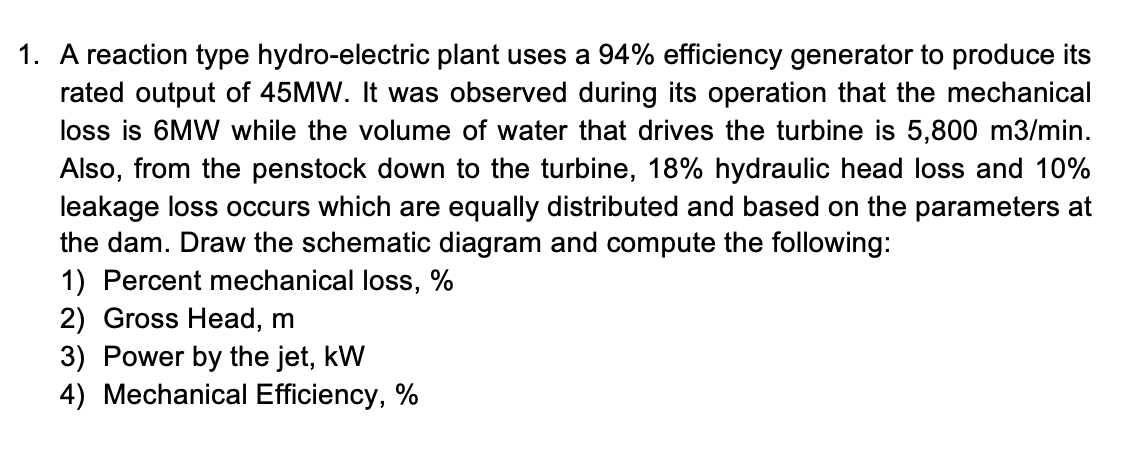 1 A Reaction Type Hydro Electric Plant Uses A 94 Efficiency Generator To Produce Its Rated Output Of 45mw It Was Obse 1