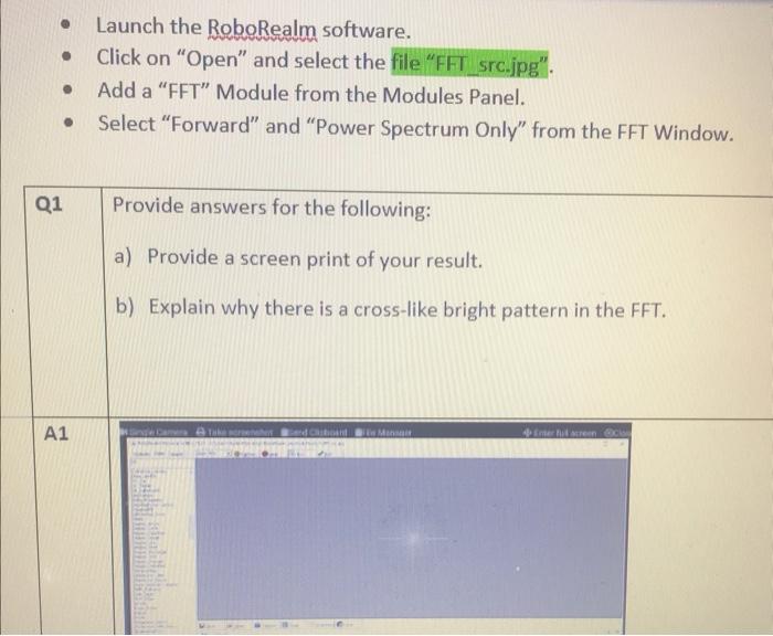 Q1 A1 Launch The Roborealm Software Click On Open And Select The File Fft Src Jpg Add A Fft Module From 1