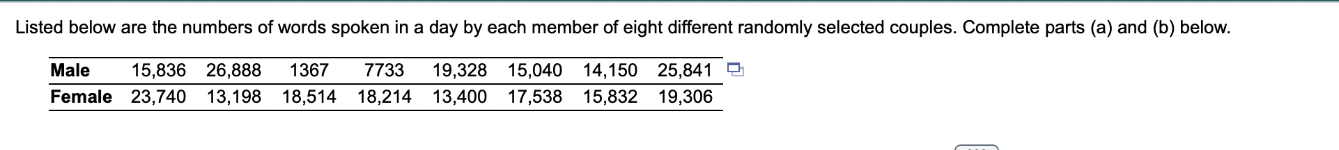 Listed Below Are The Numbers Of Words Spoken In A Day By Each Member Of Eight Different Randomly Selected Couples Compl 1