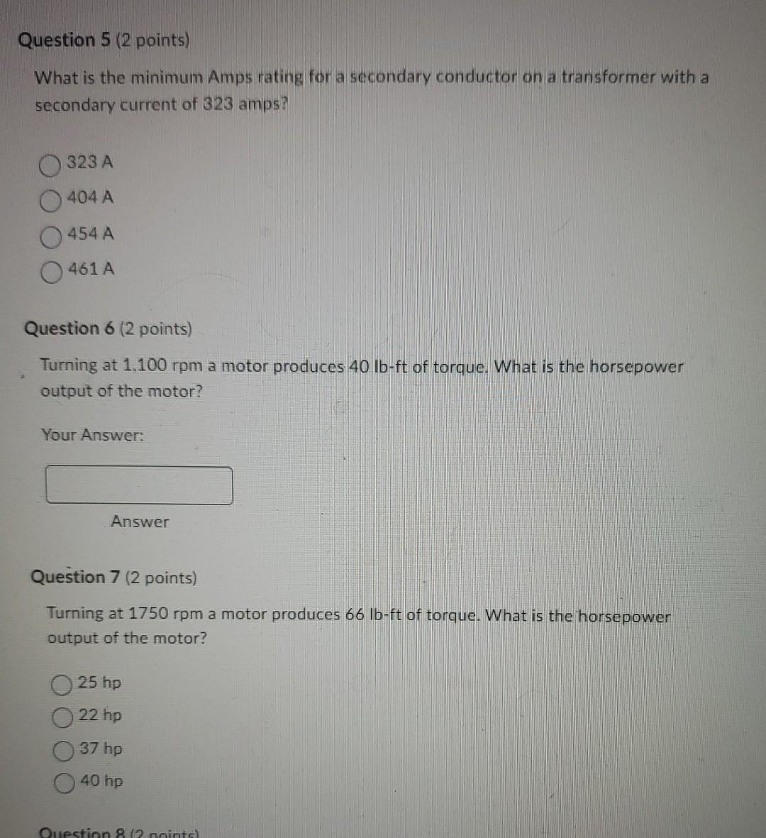 Question 5 2 Points What Is The Minimum Amps Rating For A Secondary Conductor On A Transformer With A Secondary Curren 1