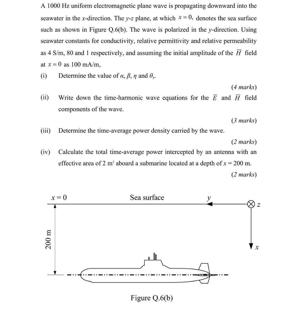 A 1000 Hz Uniform Electromagnetic Plane Wave Is Propagating Downward Into The Seawater In The X Direction The Y Z Plane 1