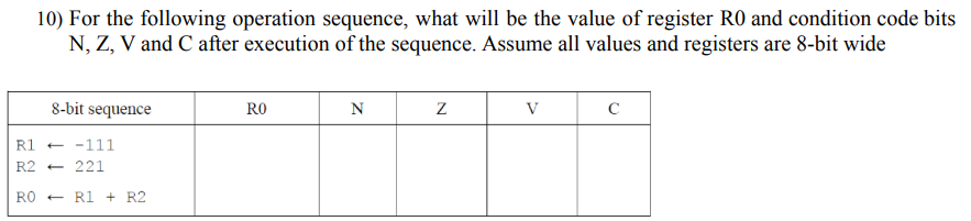 10 For The Following Operation Sequence What Will Be The Value Of Register Ro And Condition Code Bits N Z V And C Af 1