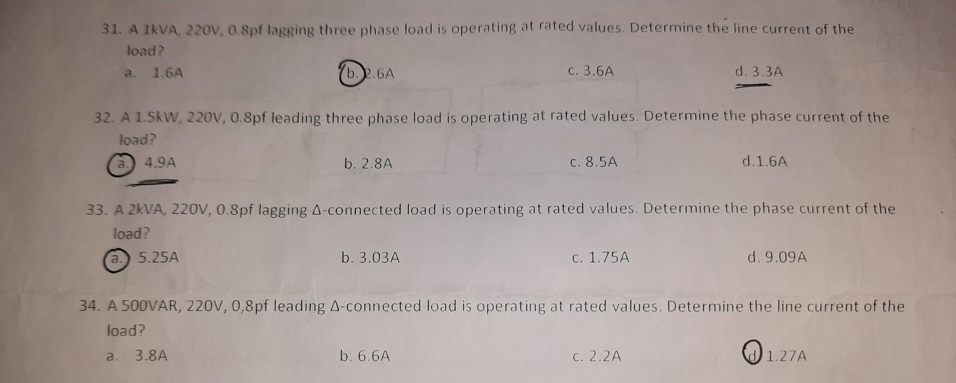 31 A 1kva 220v 0 8pf Lagging Three Phase Load Is Operating At Rated Values Determine The Line Current Of The Load A 1