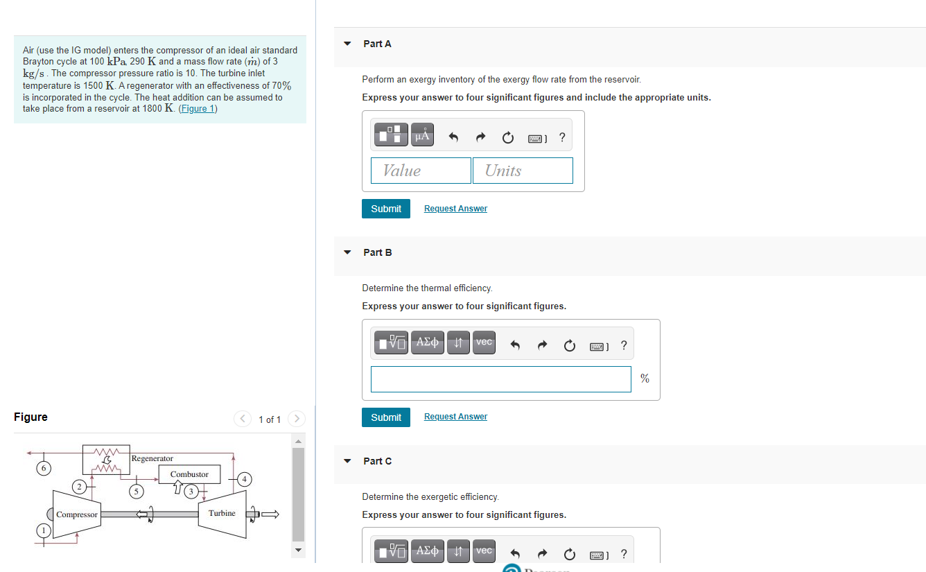 Part A Air Use The Ig Model Enters The Compressor Of An Ideal Air Standard Brayton Cycle At 100 Kpa 290 K And A Mass F 1
