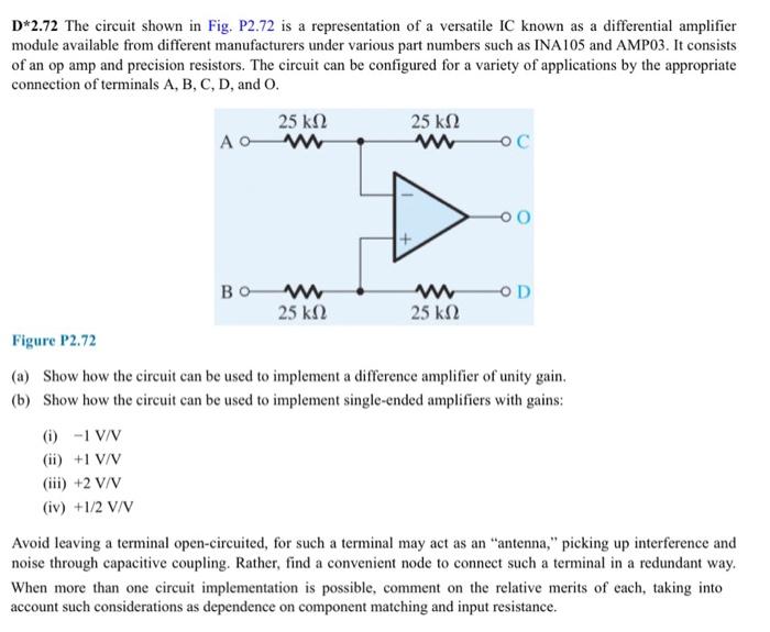 D 2 72 The Circuit Shown In Fig P2 72 Is A Representation Of A Versatile Ic Known As A Differential Amplifier Module Av 4