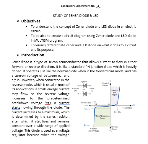 Laboratory Experiment No 4 Study Of Zener Diode Led Objectives To Understand The Concept Of Zener Diode And Led 1