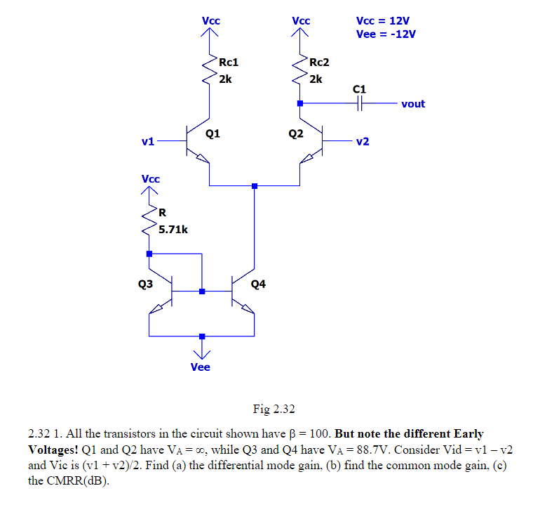 V1 Vcc Q3 R 5 71k Vcc Rc1 2k Q1 Vee Q4 Vcc Q2 Rc2 2k Vcc 12v Vee 12v C1 V2 Vout Fig 2 32 2 32 1 All The Transistor 1
