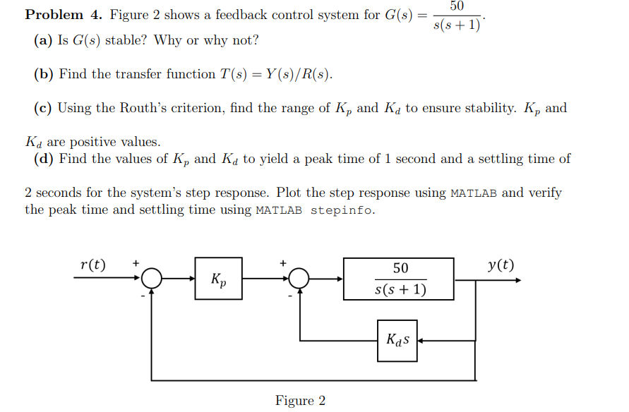 Problem 4 Figure 2 Shows A Feedback Control System For G S A Is G S Stable Why Or Why Not B Find The Transfer 1