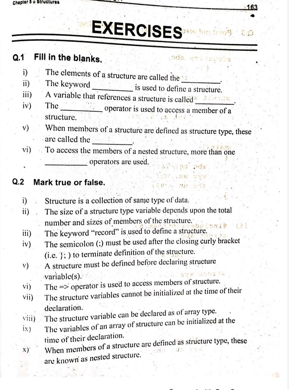 Chapter 5 O Structures Q 1 I Ii Iii Iv V Vi I Ii Iii Iv V Q 2 Mark True Or False Vi Vii Exercises Fill In 1