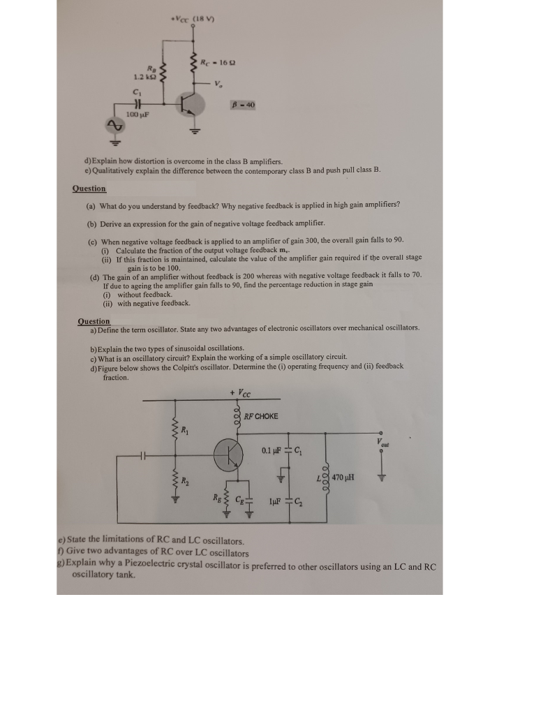 Ra 1 2 K C H 100 Uf Vcc 18 V Re 1692 V B 40 D Explain How Distortion Is Overcome In The Class B Amplifiers E Qu 1