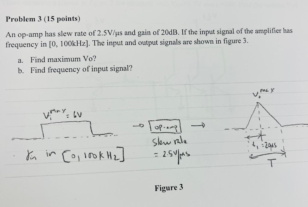 Problem 3 15 Points An Op Amp Has Slew Rate Of 2 5v Us And Gain Of 20db If The Input Signal Of The Amplifier Has Freq 1