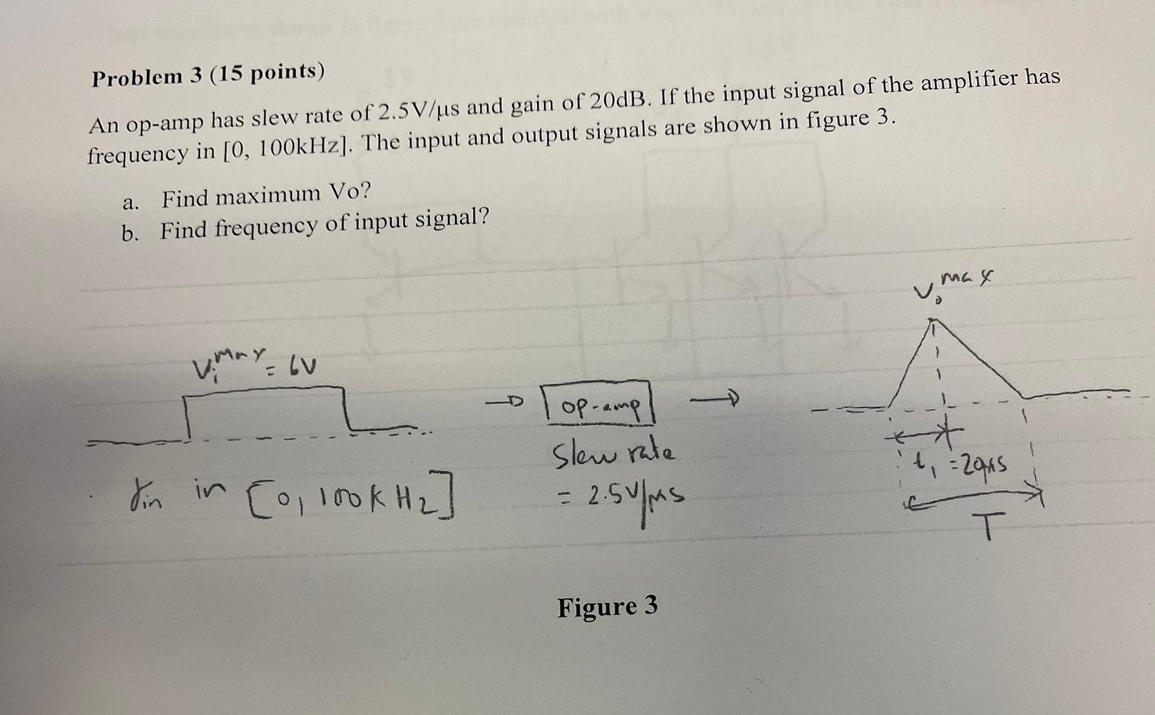Problem 3 15 Points An Op Amp Has Slew Rate Of 2 5v Us And Gain Of 20db If The Input Signal Of The Amplifier Has Freq 1
