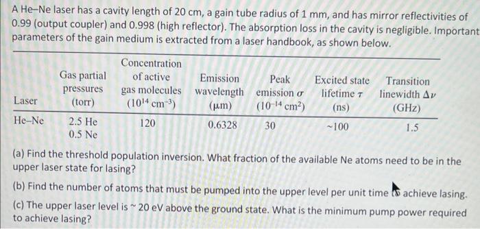A He Ne Laser Has A Cavity Length Of 20 Cm A Gain Tube Radius Of 1 Mm And Has Mirror Reflectivities Of 0 99 Output Co 1
