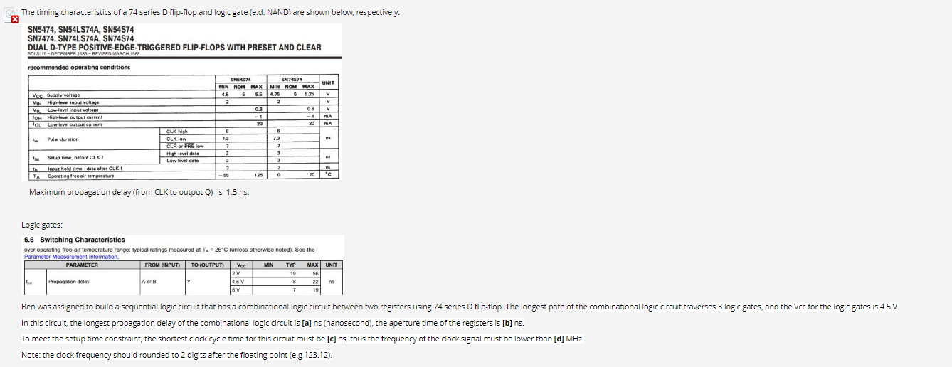 The Timing Characteristics Of A 74 Series D Flip Flop And Logic Gate E D Nand Are Shown Below Respectively X Sn5474 1