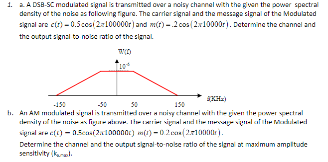 1 A A Dsb Sc Modulated Signal Is Transmitted Over A Noisy Channel With The Given The Power Spectral Density Of The Noi 1