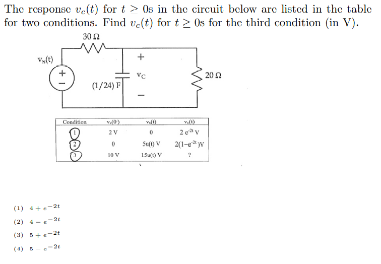 The Response Ve T For T Os In The Circuit Below Are Listed In The Table For Two Conditions Find Ve T For T 0s For 1