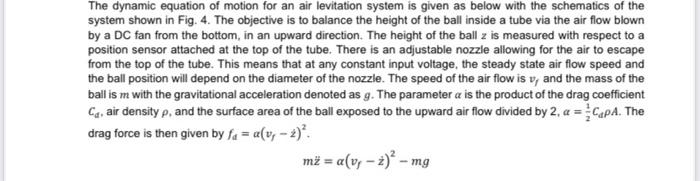 The Dynamic Equation Of Motion For An Air Levitation System Is Given As Below With The Schematics Of The System Shown In 1