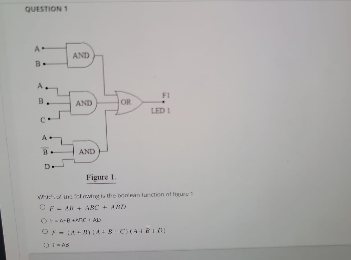 Question 1 A B A B B D And And And Figure 1 Or F1 Led 1 Which Of The Following Is The Boolean Function Of Figure 1 1