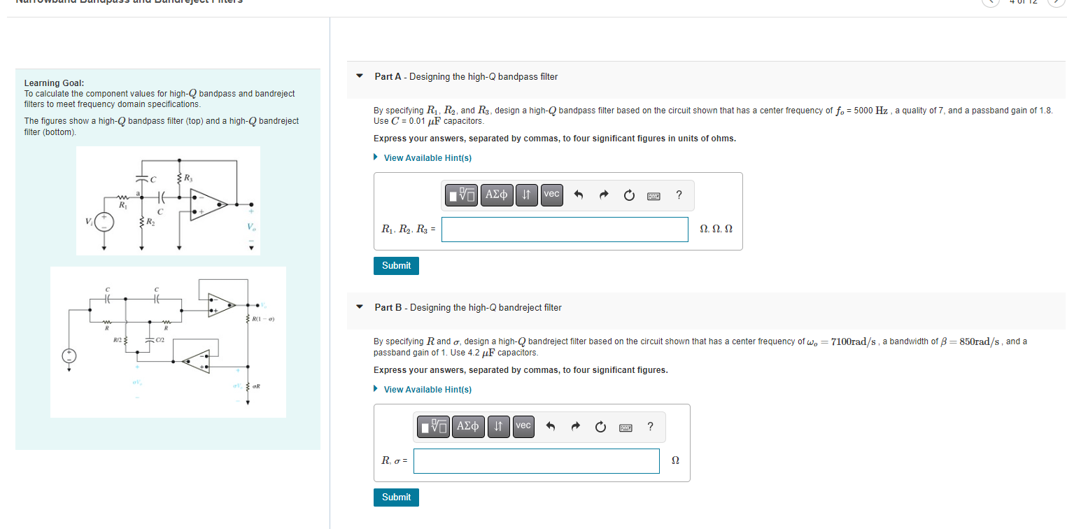 Learning Goal To Calculate The Component Values For High Q Bandpass And Bandreject Filters To Meet Frequency Domain Spe 1