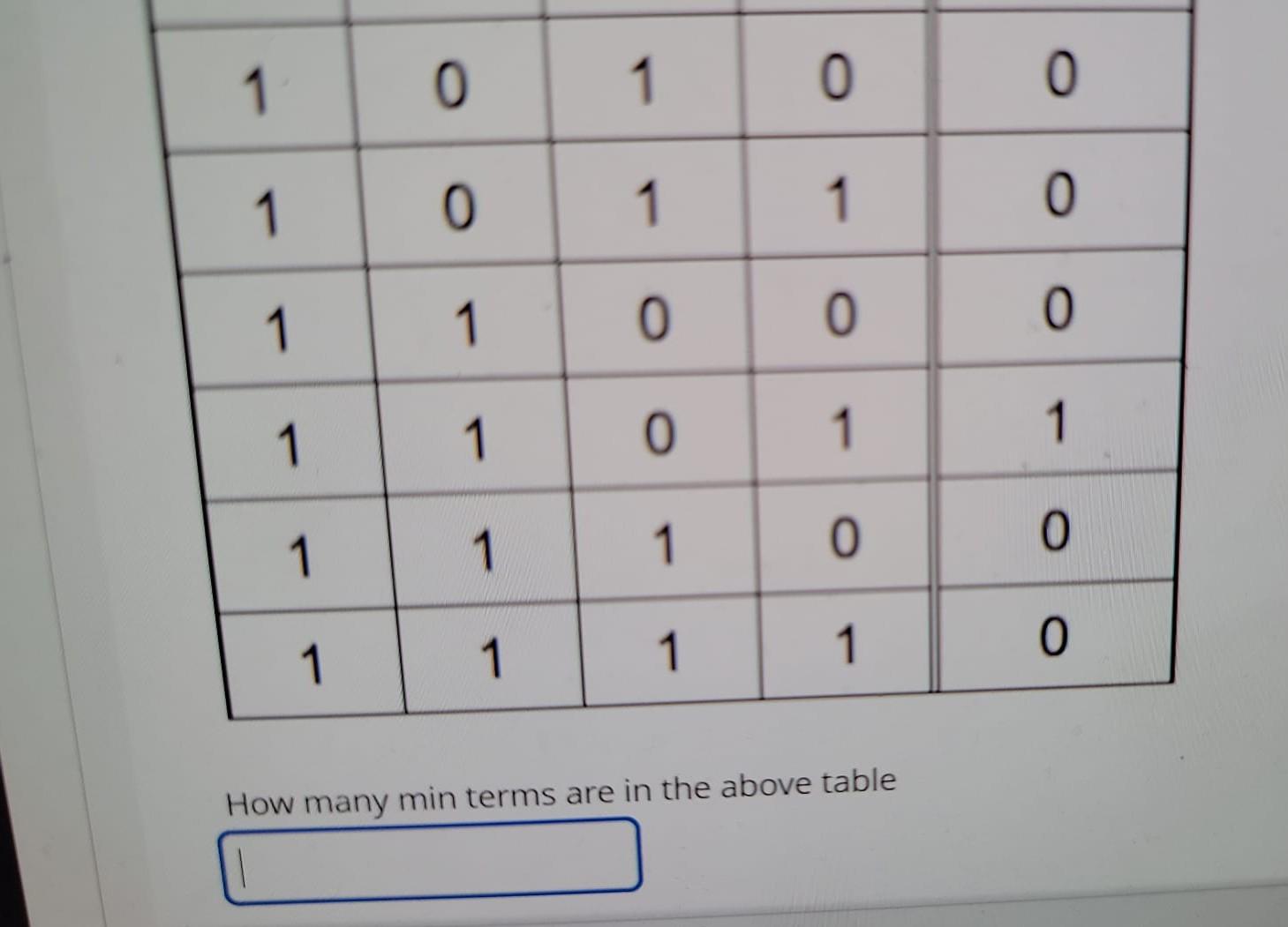 Question 5 A Sw1 0 0 0 0 0 0 0 0 1 1 B Sw2 0 0 0 0 1 1 1 1 0 N C Sw3 0 0 1 1 0 0 1 1 0 0 D Sw4 0 1 0 1 0 1 0 1 0 1 Outpu 3