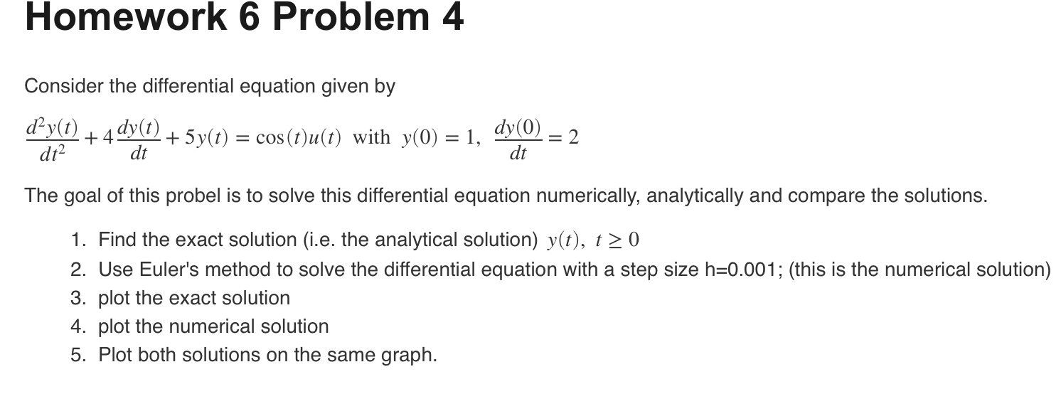 Homework 6 Problem 4 Consider The Differential Equation Given By D Y T Dt 4 Dy T Dt 5y T Cos T U T With Y 0 1