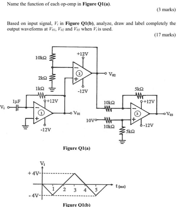 Vi Name The Function Of Each Op Omp In Figure Q1 A Based On Input Signal V In Figure Q1 B Analyze Draw And Label 1
