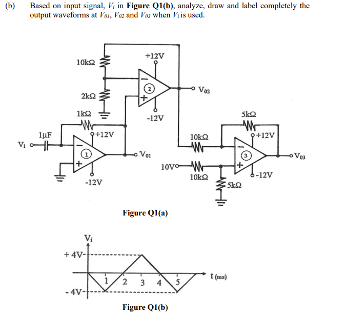 B Based On Input Signal V In Figure Q1 B Analyze Draw And Label Completely The Output Waveforms At Voi Voz And V 1
