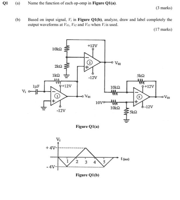 B Based On Input Signal Vi In Figure Q1 B Analyze Draw And Label Completely The Output Waveforms At V01 V02 And 1