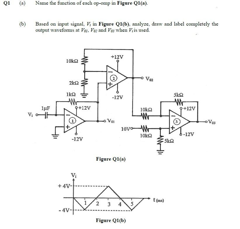 Q1 A B Vi Name The Function Of Each Op Omp In Figure Q1 A Based On Input Signal V In Figure Q1 B Analyze Draw 1