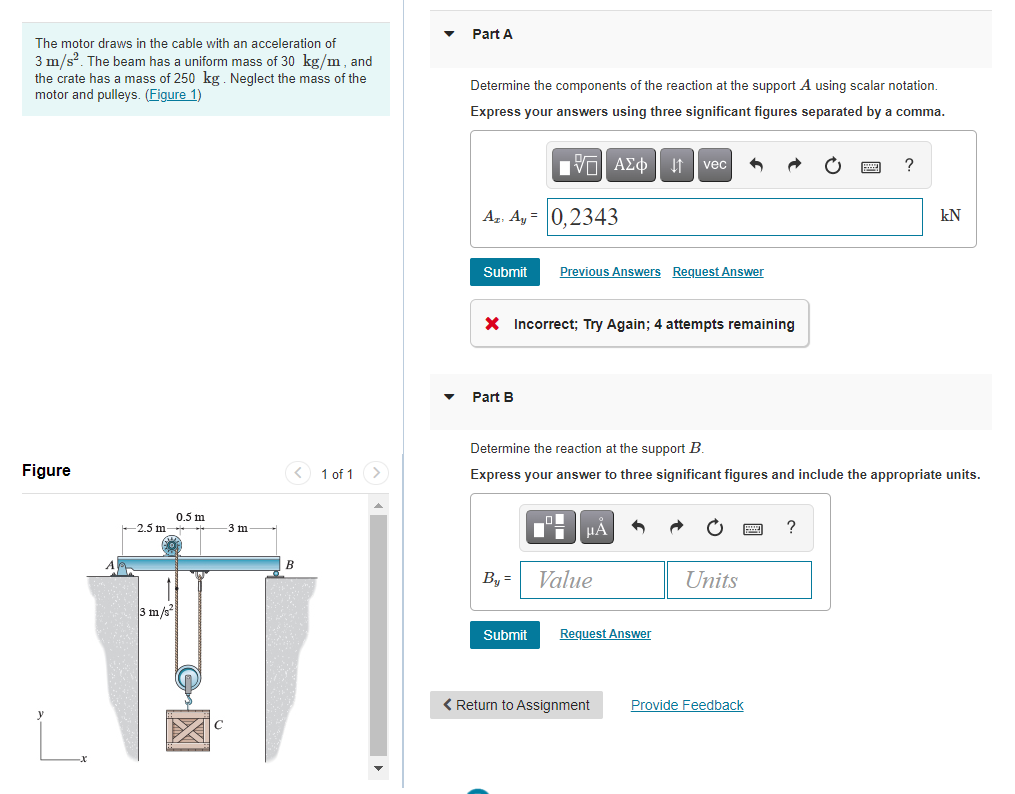 Part A The Motor Draws In The Cable With An Acceleration Of 3 M S The Beam Has A Uniform Mass Of 30 Kg M And The Crate 1