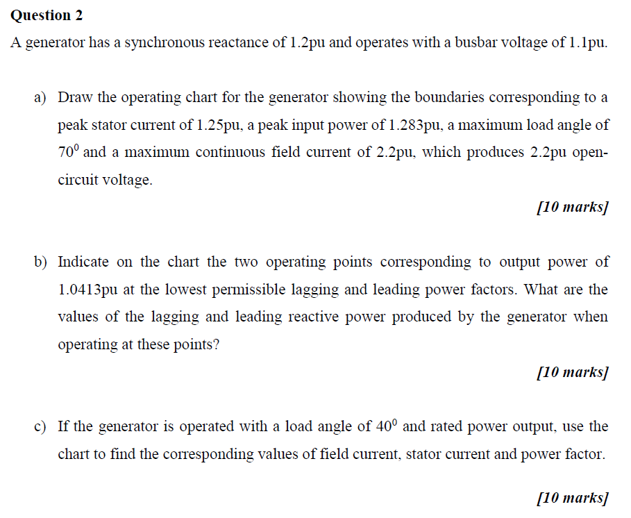 Question 2 A Generator Has A Synchronous Reactance Of 1 2pu And Operates With A Busbar Voltage Of 1 1pu A Draw The Ope 1