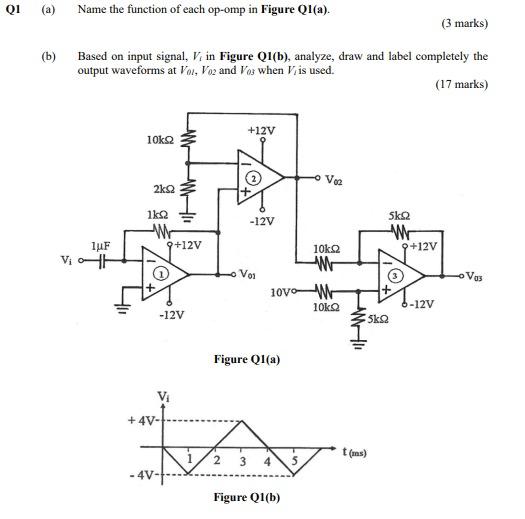 Qi A B Name The Function Of Each Op Omp In Figure Q1 A Based On Input Signal V In Figure Q1 B Analyze Draw An 1