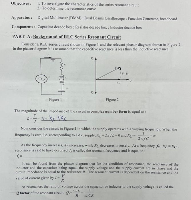 Objectives 1 To Investigate The Characteristics Of The Series Resonant Circuit 2 To Determine The Resonance Curve App 1