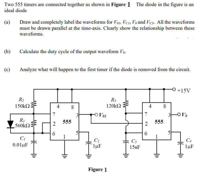 Two 555 Timers Are Connected Together As Shown In Figure 1 The Diode In The Figure Is An Ideal Diode A B C Draw An 1