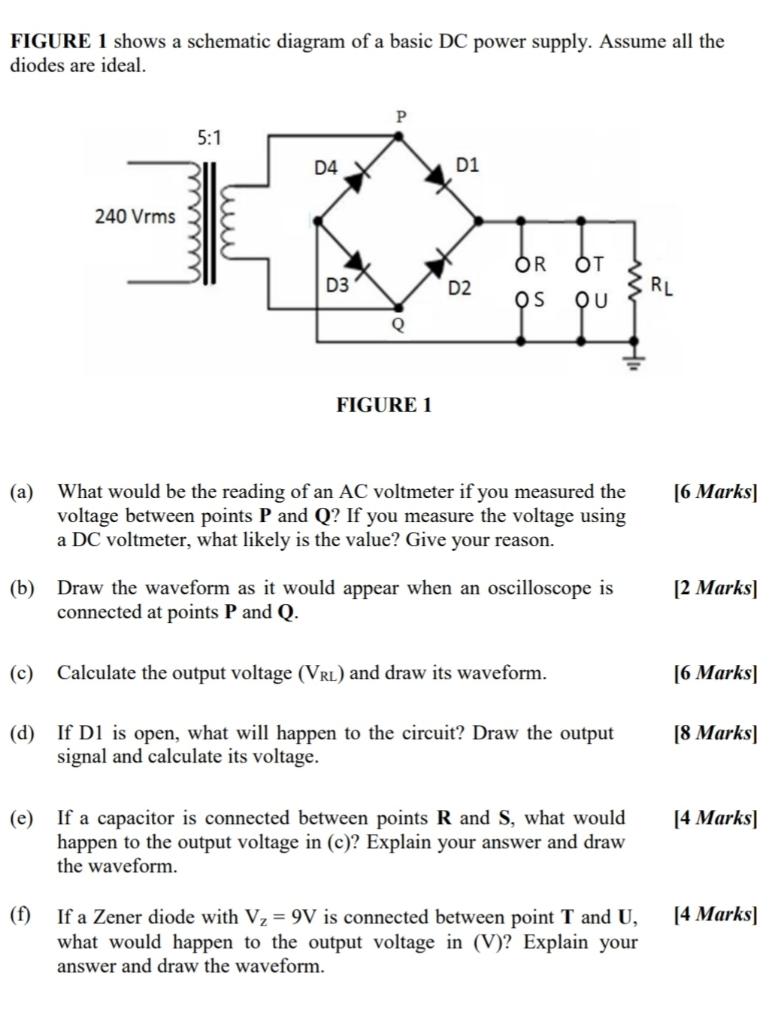 Figure 1 Shows A Schematic Diagram Of A Basic Dc Power Supply Assume All The Diodes Are Ideal A 240 Vrms C 5 1 D4 1