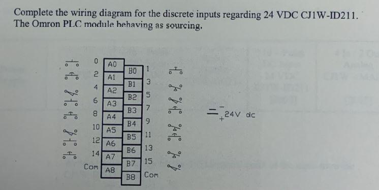 Complete The Wiring Diagram For The Discrete Inputs Regarding 24 Vdc Cj1w Id 211 The Omron Plc Module Hehaving As Sour 1