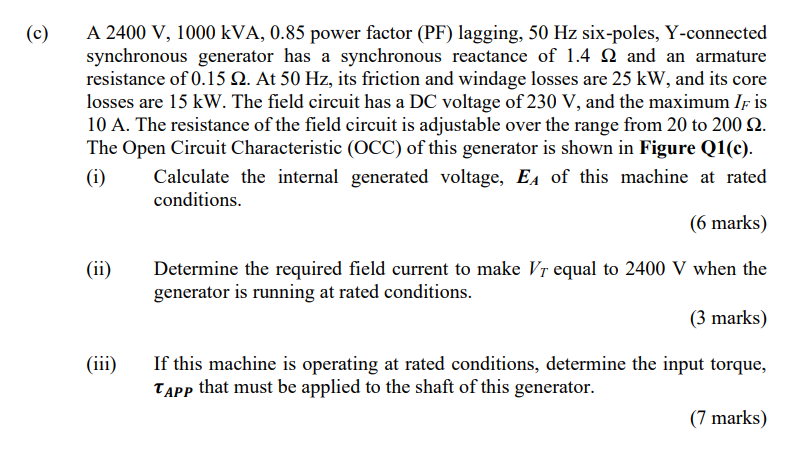 A 2400 V 1000kva 0 85 Power Factor Pf Lagging 50 Hz Six Poles Y Connected Synchronous Generator Has A Synchronous Re 1