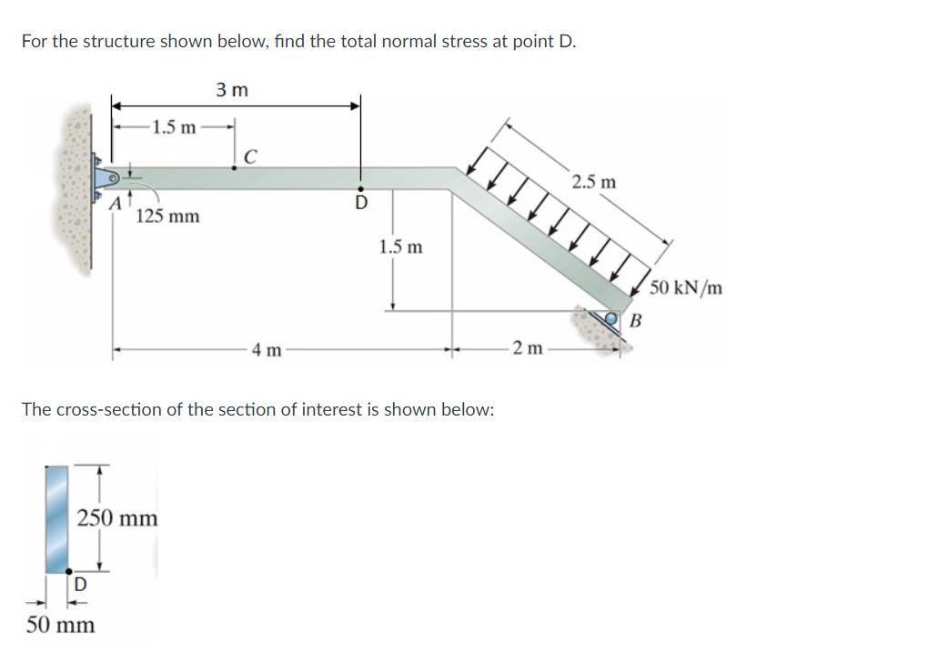 For The Structure Shown Below Find The Total Normal Stress At Point D 3 M 1 5 M C 2 5 M A1 D 125 Mm 1 5 M 50 Kn M B 4 1
